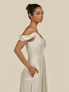 KissDress-Elvani Dove Gray A Line Chiffon Off the Shoulder Long Bridesmaid Dress with Pleats