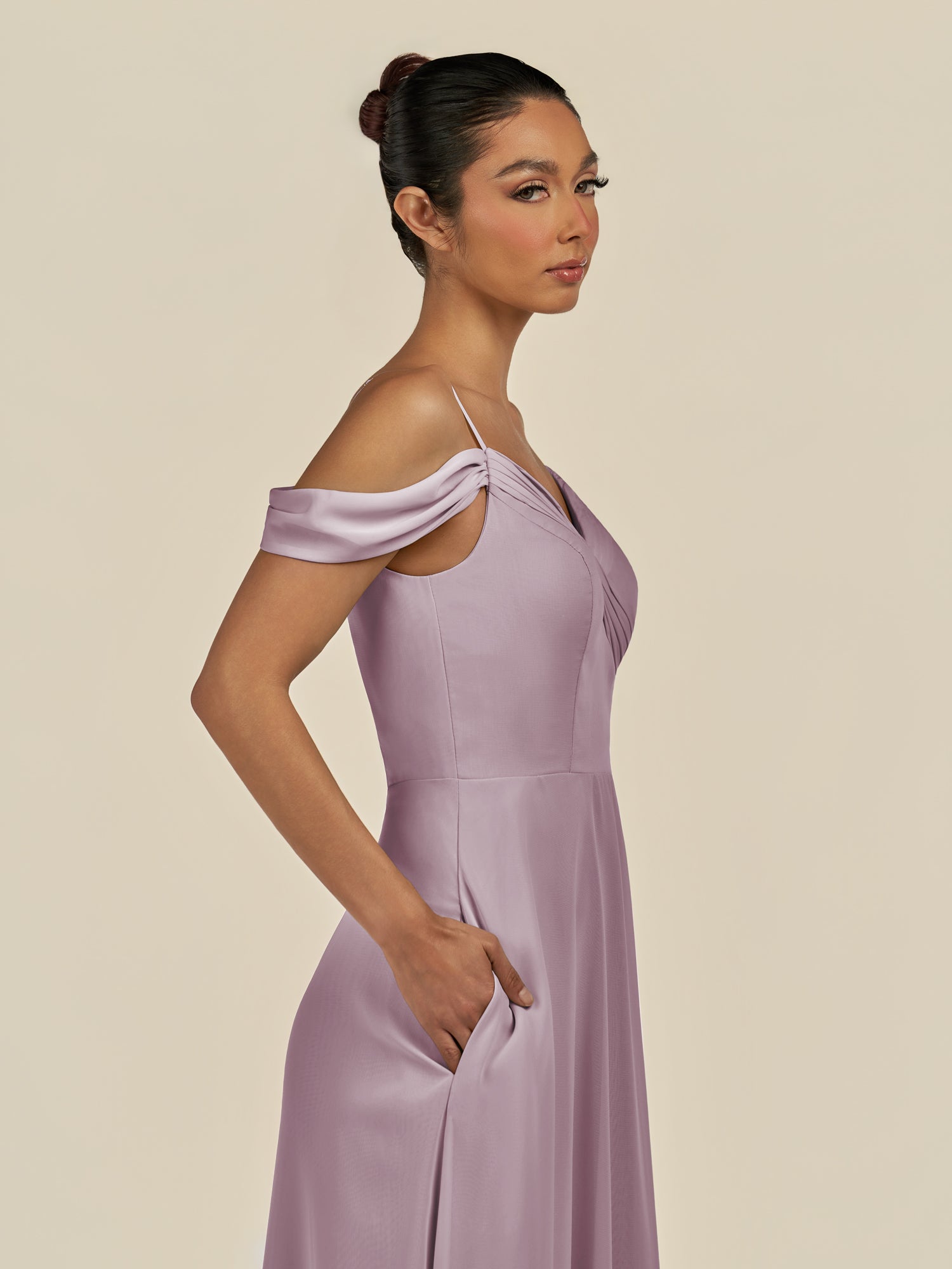 KissDress-Elvani Dusk A Line Chiffon Off the Shoulder Long Bridesmaid Dress with Pleats