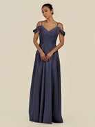 KissDress-Elvani Dusk Blue A Line Chiffon Off the Shoulder Long Bridesmaid Dress with Pleats
