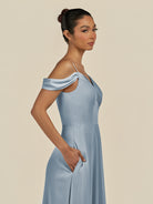 KissDress-Elvani Dusty Blue A Line Chiffon Off the Shoulder Long Bridesmaid Dress with Pleats