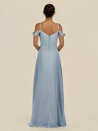 KissDress-Elvani Dusty Blue A Line Chiffon Off the Shoulder Long Bridesmaid Dress with Pleats