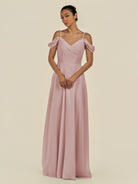 KissDress-Elvani Dusty Rose A Line Chiffon Off the Shoulder Long Bridesmaid Dress with Pleats