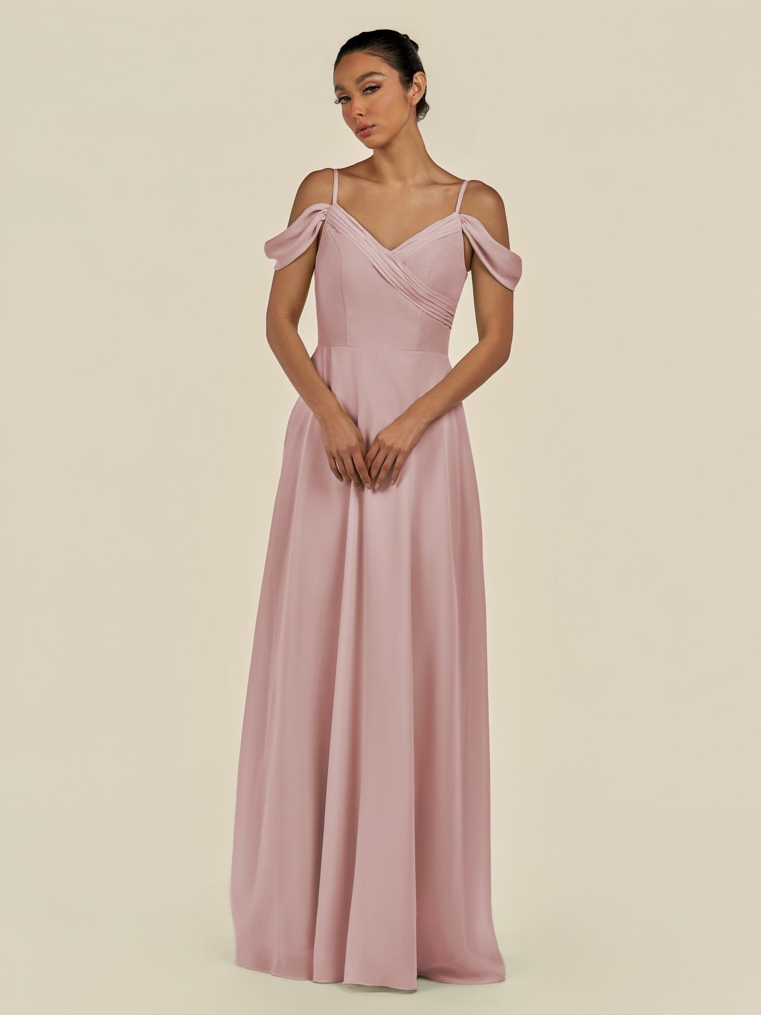 KissDress-Elvani Dusty Rose A Line Chiffon Off the Shoulder Long Bridesmaid Dress with Pleats