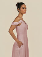 KissDress-Elvani Dusty Rose A Line Chiffon Off the Shoulder Long Bridesmaid Dress with Pleats
