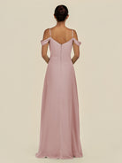 KissDress-Elvani Dusty Rose A Line Chiffon Off the Shoulder Long Bridesmaid Dress with Pleats