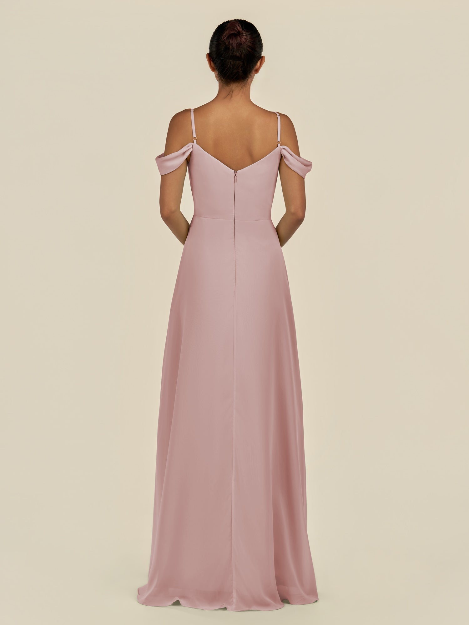 KissDress-Elvani Dusty Rose A Line Chiffon Off the Shoulder Long Bridesmaid Dress with Pleats