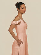KissDress-Elvani English Rose A Line Chiffon Off the Shoulder Long Bridesmaid Dress with Pleats