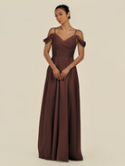 KissDress-Elvani Espresso A Line Chiffon Off the Shoulder Long Bridesmaid Dress with Pleats