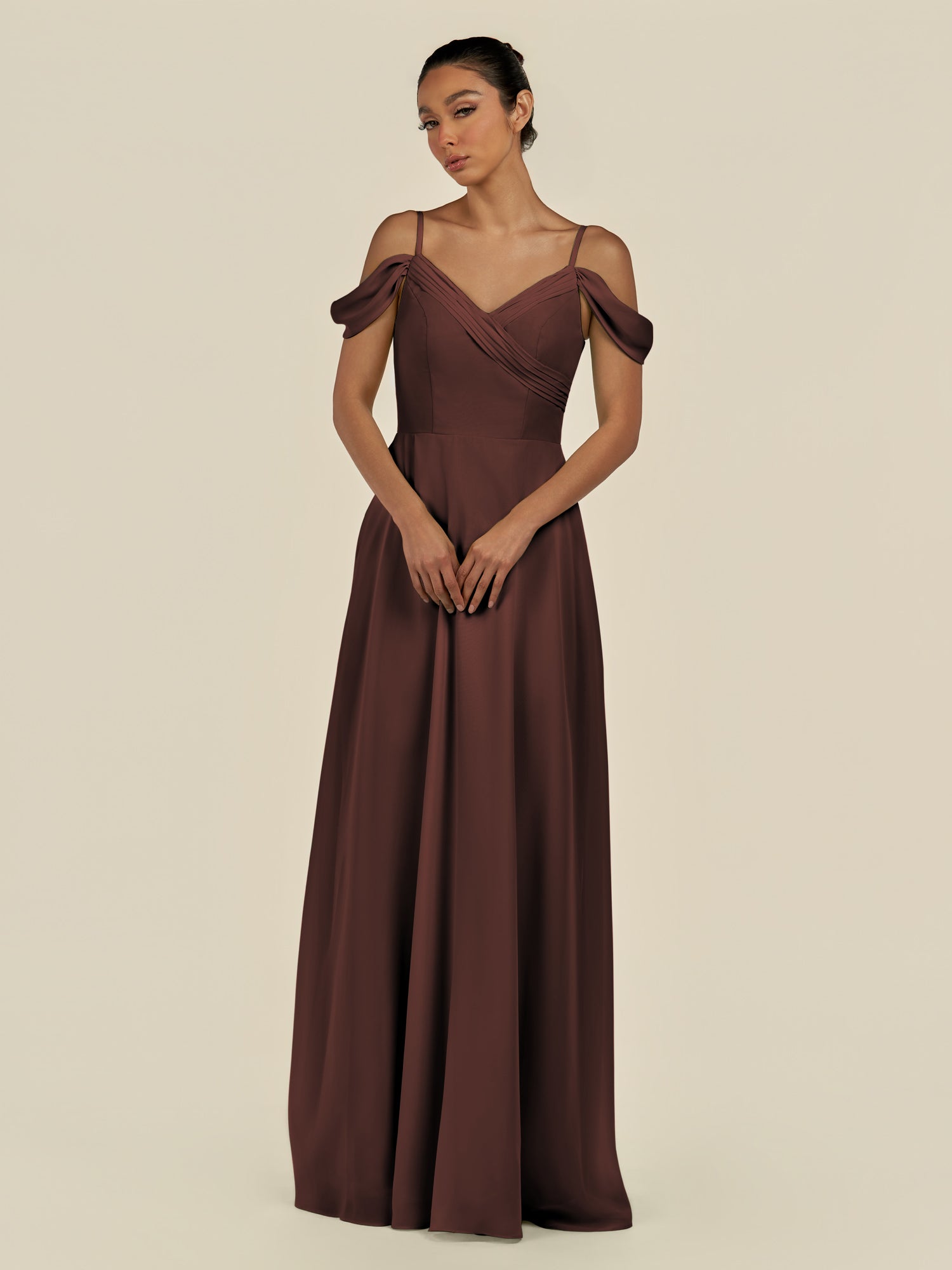 KissDress-Elvani Espresso A Line Chiffon Off the Shoulder Long Bridesmaid Dress with Pleats