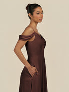 KissDress-Elvani Espresso A Line Chiffon Off the Shoulder Long Bridesmaid Dress with Pleats