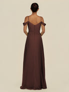 KissDress-Elvani Espresso A Line Chiffon Off the Shoulder Long Bridesmaid Dress with Pleats