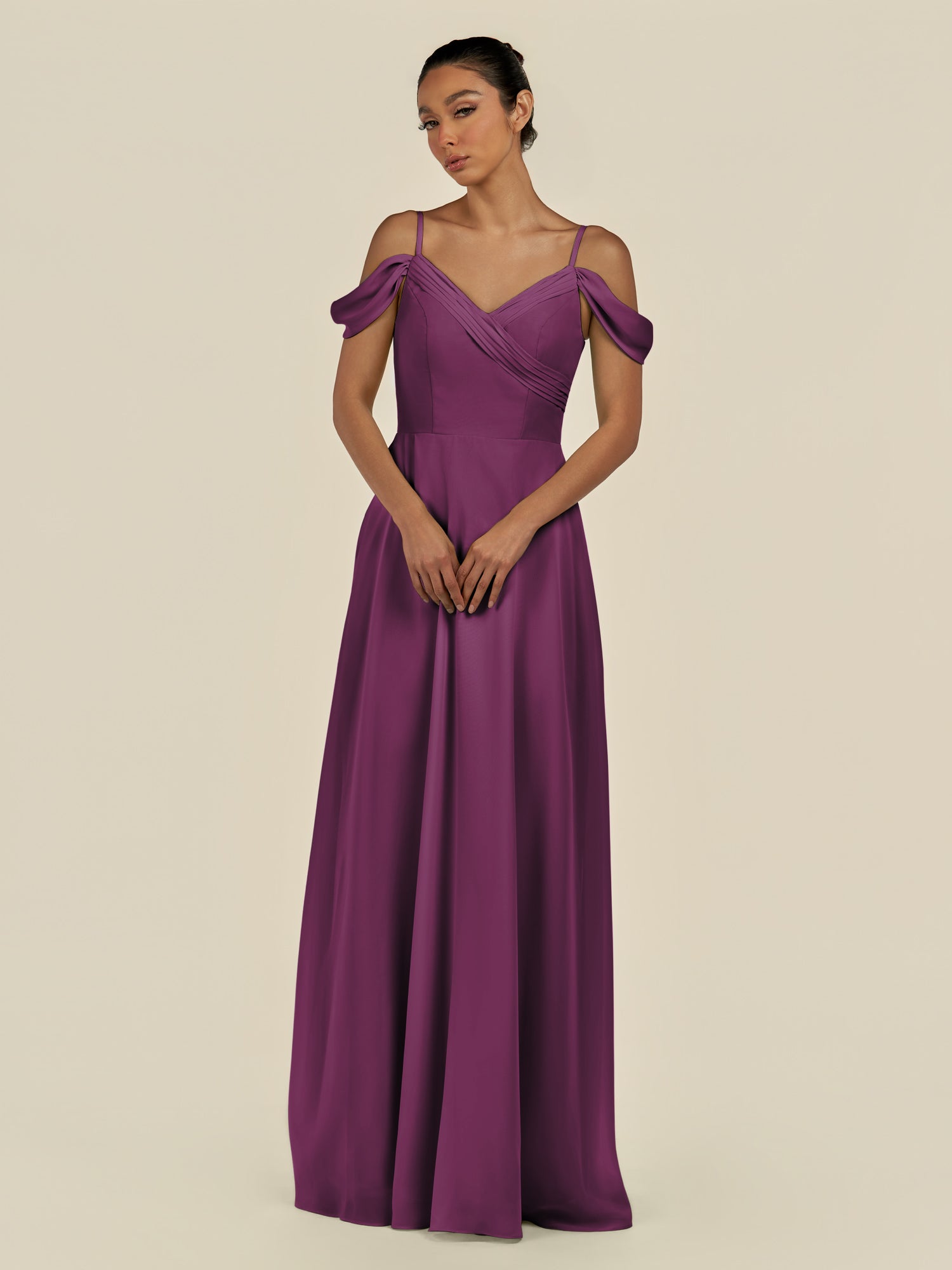 KissDress-Elvani Fig A Line Chiffon Off the Shoulder Long Bridesmaid Dress with Pleats