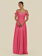 KissDress-Elvani Fuchsia A Line Chiffon Off the Shoulder Long Bridesmaid Dress with Pleats