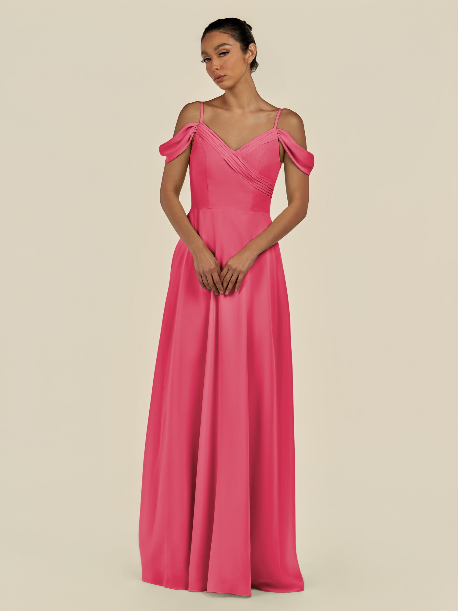KissDress-Elvani Fuchsia A Line Chiffon Off the Shoulder Long Bridesmaid Dress with Pleats