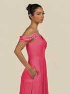 KissDress-Elvani Fuchsia A Line Chiffon Off the Shoulder Long Bridesmaid Dress with Pleats