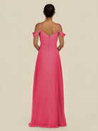 KissDress-Elvani Fuchsia A Line Chiffon Off the Shoulder Long Bridesmaid Dress with Pleats