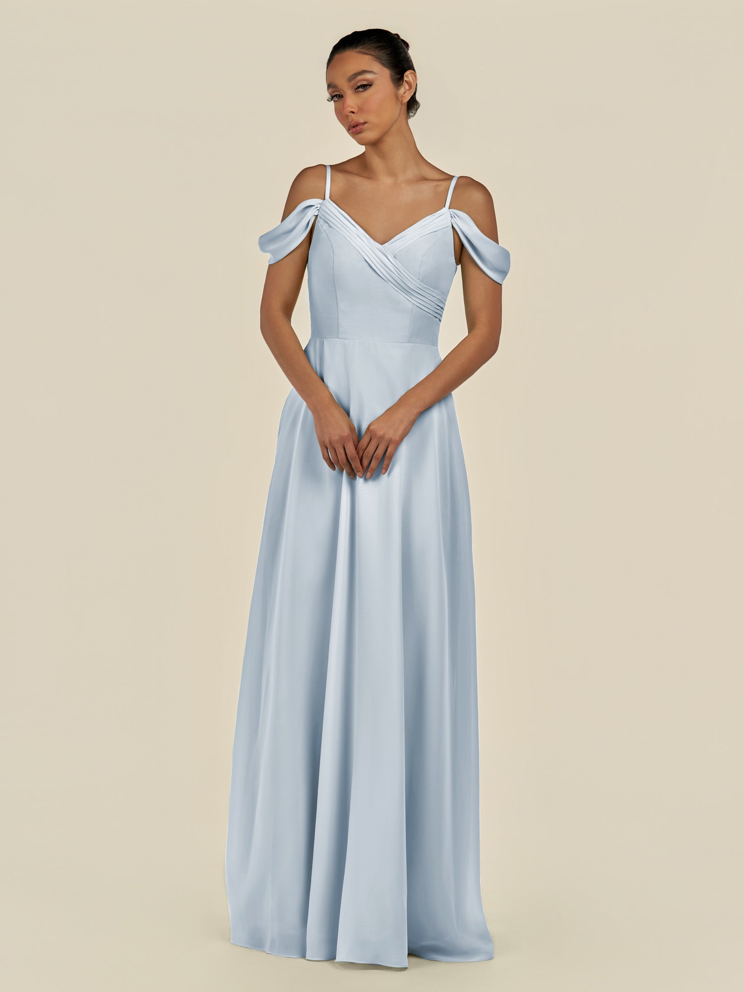 KissDress-Elvani Ice A Line Chiffon Off the Shoulder Long Bridesmaid Dress with Pleats