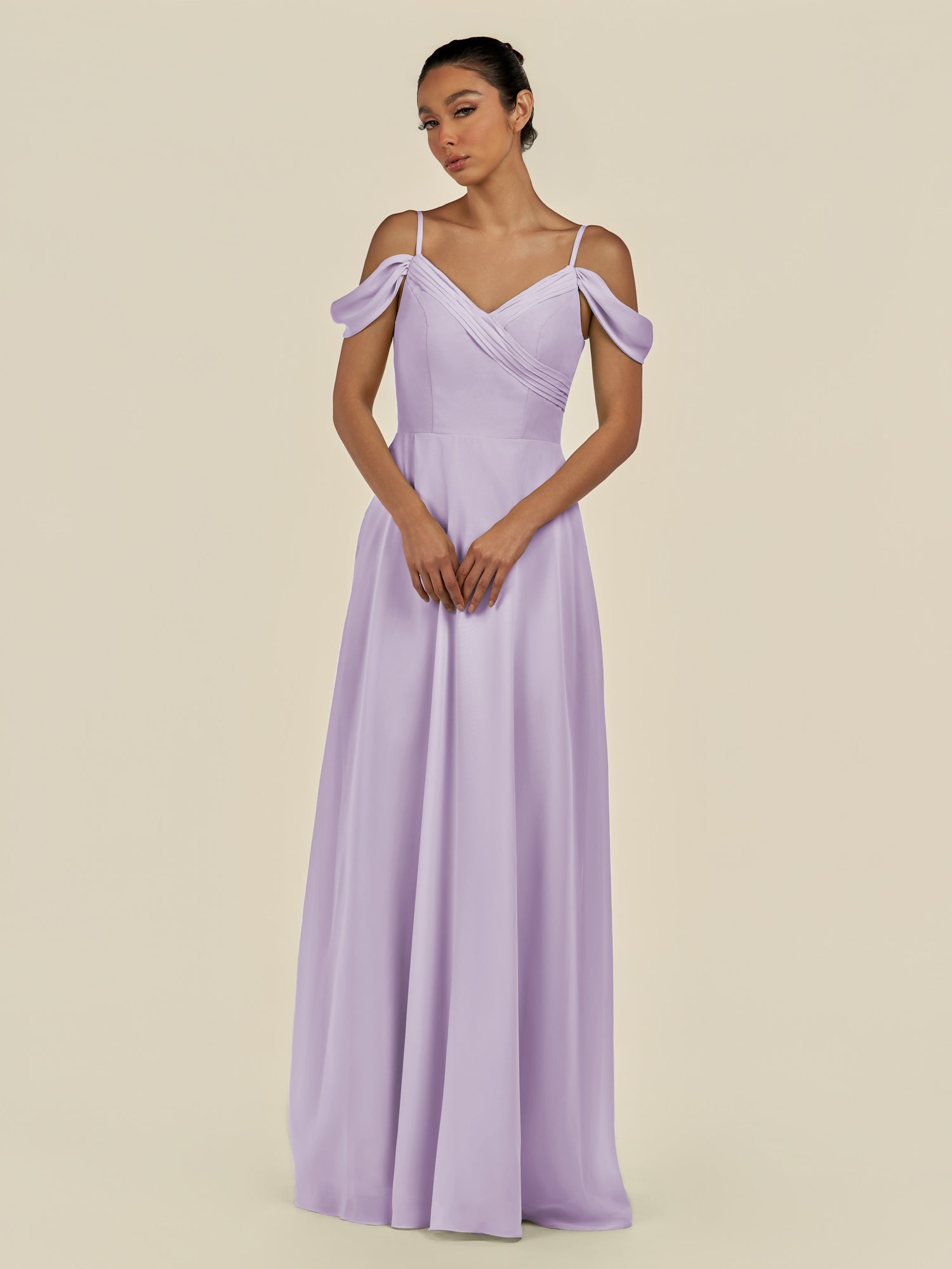 KissDress-Elvani Lavender A Line Chiffon Off the Shoulder Long Bridesmaid Dress with Pleats