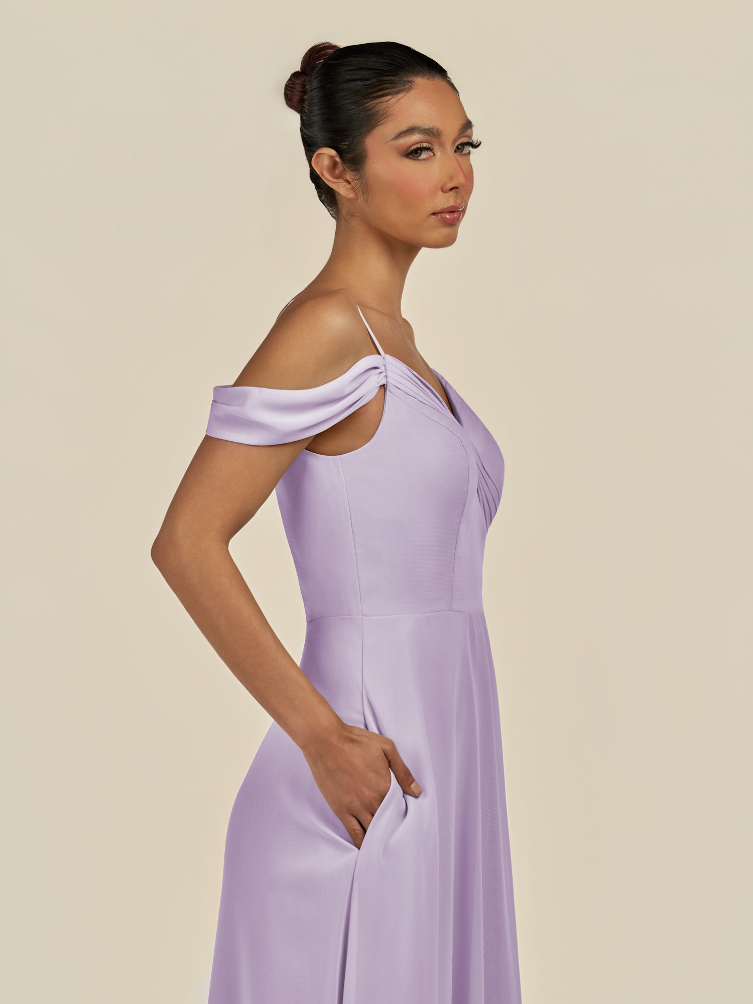 KissDress-Elvani Lavender A Line Chiffon Off the Shoulder Long Bridesmaid Dress with Pleats