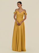 KissDress-Elvani Marigold A Line Chiffon Off the Shoulder Long Bridesmaid Dress with Pleats