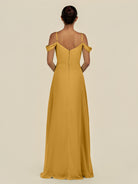 KissDress-Elvani Marigold A Line Chiffon Off the Shoulder Long Bridesmaid Dress with Pleats