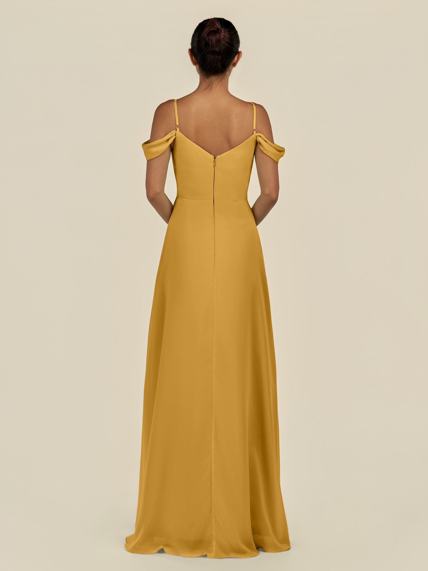KissDress-Elvani Marigold A Line Chiffon Off the Shoulder Long Bridesmaid Dress with Pleats