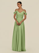 KissDress-Elvani Matcha A Line Chiffon Off the Shoulder Long Bridesmaid Dress with Pleats