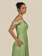 KissDress-Elvani Matcha A Line Chiffon Off the Shoulder Long Bridesmaid Dress with Pleats