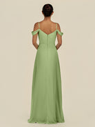 KissDress-Elvani Matcha A Line Chiffon Off the Shoulder Long Bridesmaid Dress with Pleats