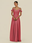 KissDress-Elvani Merlot A Line Chiffon Off the Shoulder Long Bridesmaid Dress with Pleats