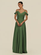 KissDress-Elvani Moss A Line Chiffon Off the Shoulder Long Bridesmaid Dress with Pleats