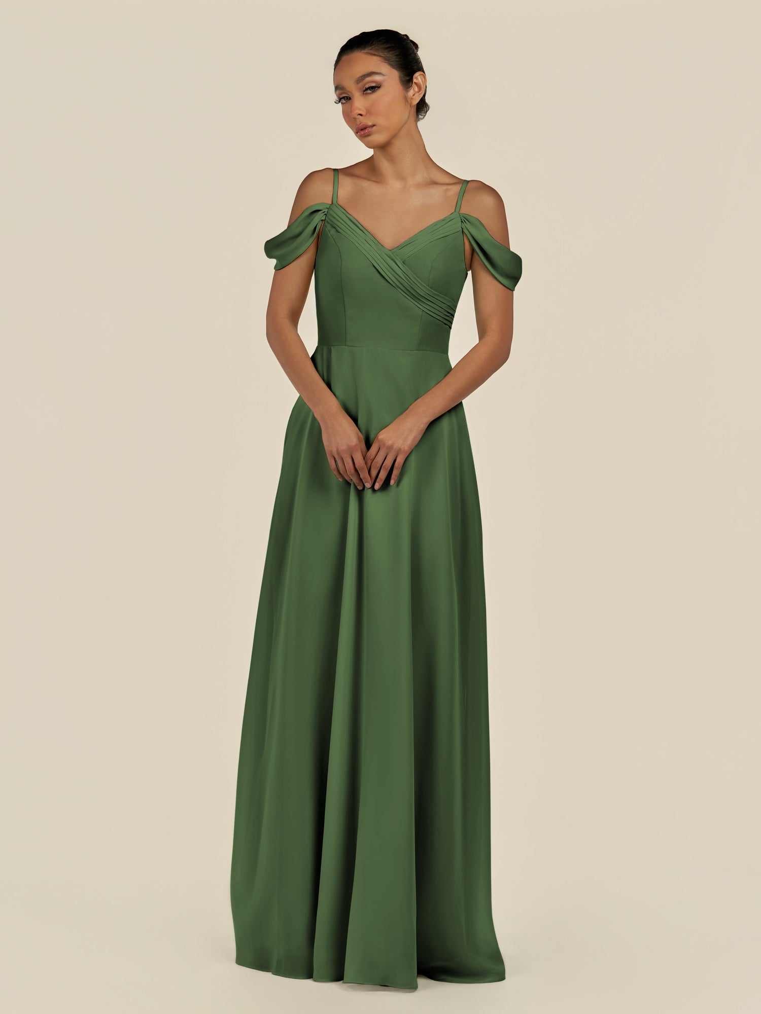 KissDress-Elvani Moss A Line Chiffon Off the Shoulder Long Bridesmaid Dress with Pleats