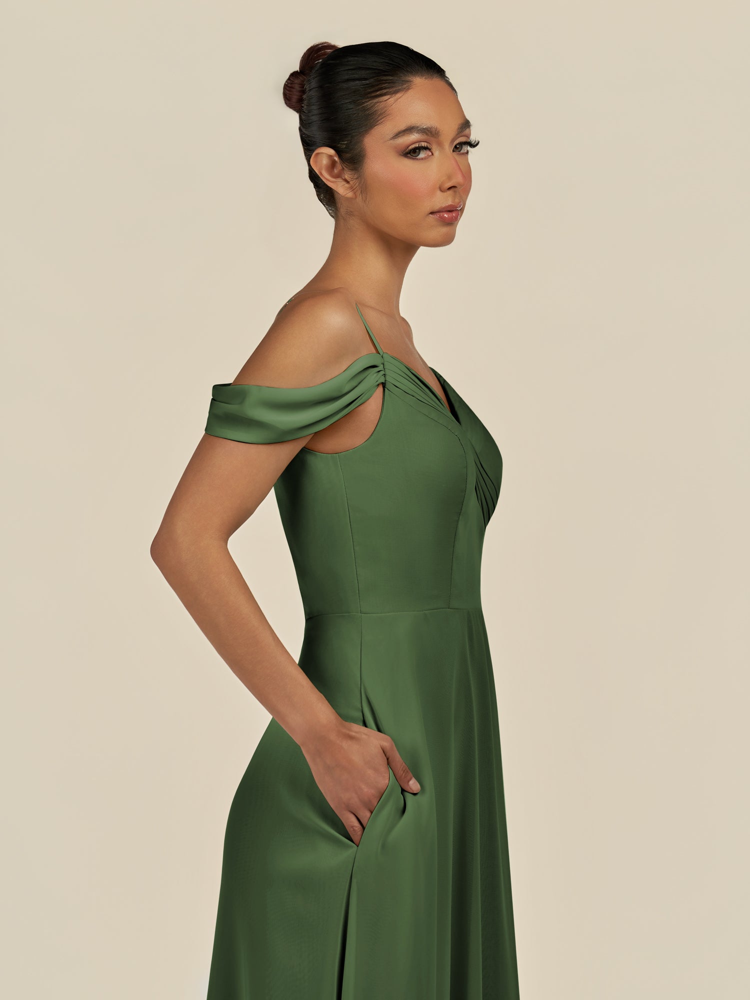 KissDress-Elvani Moss A Line Chiffon Off the Shoulder Long Bridesmaid Dress with Pleats