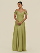 KissDress-Elvani Moss Green A Line Chiffon Off the Shoulder Long Bridesmaid Dress with Pleats