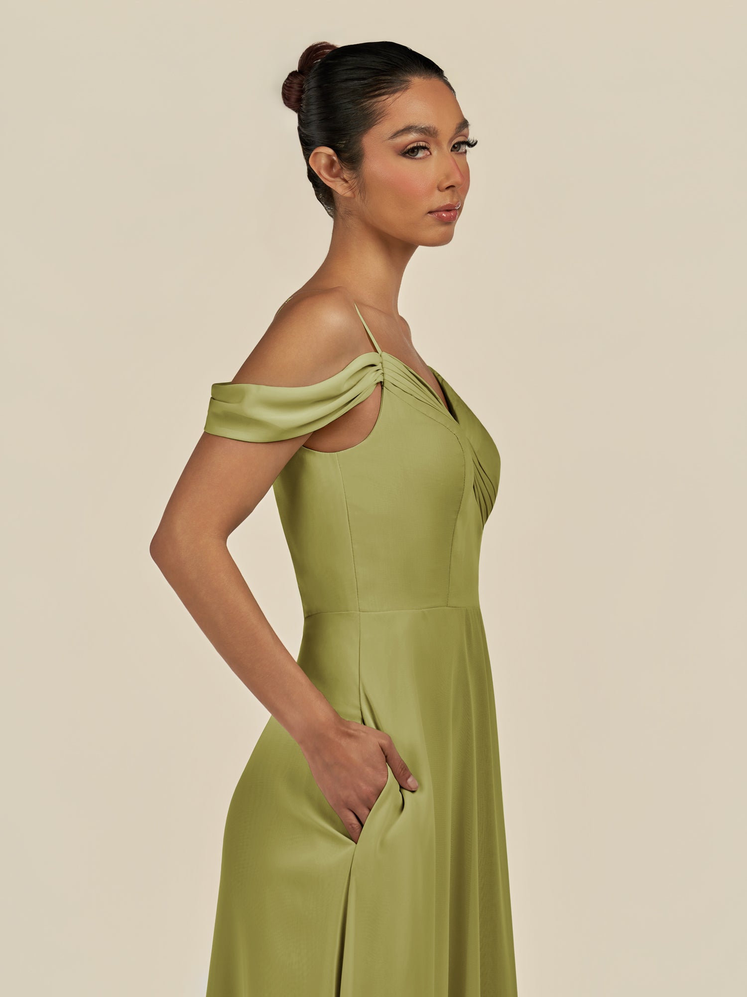 KissDress-Elvani Moss Green A Line Chiffon Off the Shoulder Long Bridesmaid Dress with Pleats