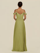 KissDress-Elvani Moss Green A Line Chiffon Off the Shoulder Long Bridesmaid Dress with Pleats
