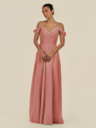 KissDress-Elvani Mulberry A Line Chiffon Off the Shoulder Long Bridesmaid Dress with Pleats