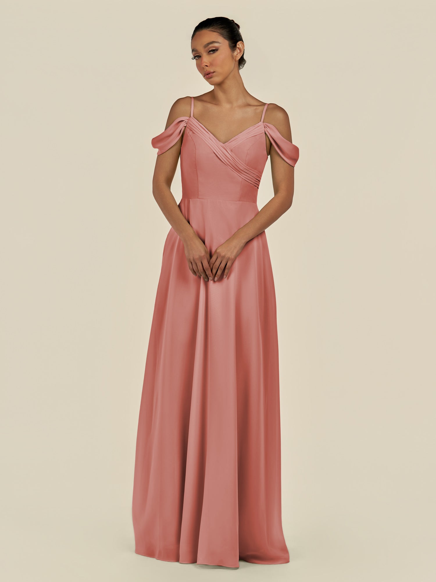 KissDress-Elvani Mulberry A Line Chiffon Off the Shoulder Long Bridesmaid Dress with Pleats