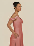 KissDress-Elvani Mulberry A Line Chiffon Off the Shoulder Long Bridesmaid Dress with Pleats