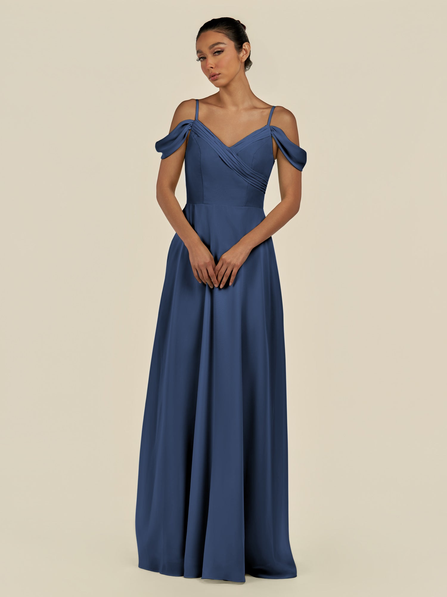 KissDress-Elvani Navy A Line Chiffon Off the Shoulder Long Bridesmaid Dress with Pleats