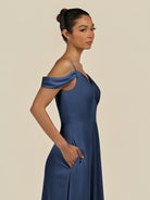 KissDress-Elvani Navy A Line Chiffon Off the Shoulder Long Bridesmaid Dress with Pleats
