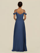 KissDress-Elvani Navy A Line Chiffon Off the Shoulder Long Bridesmaid Dress with Pleats