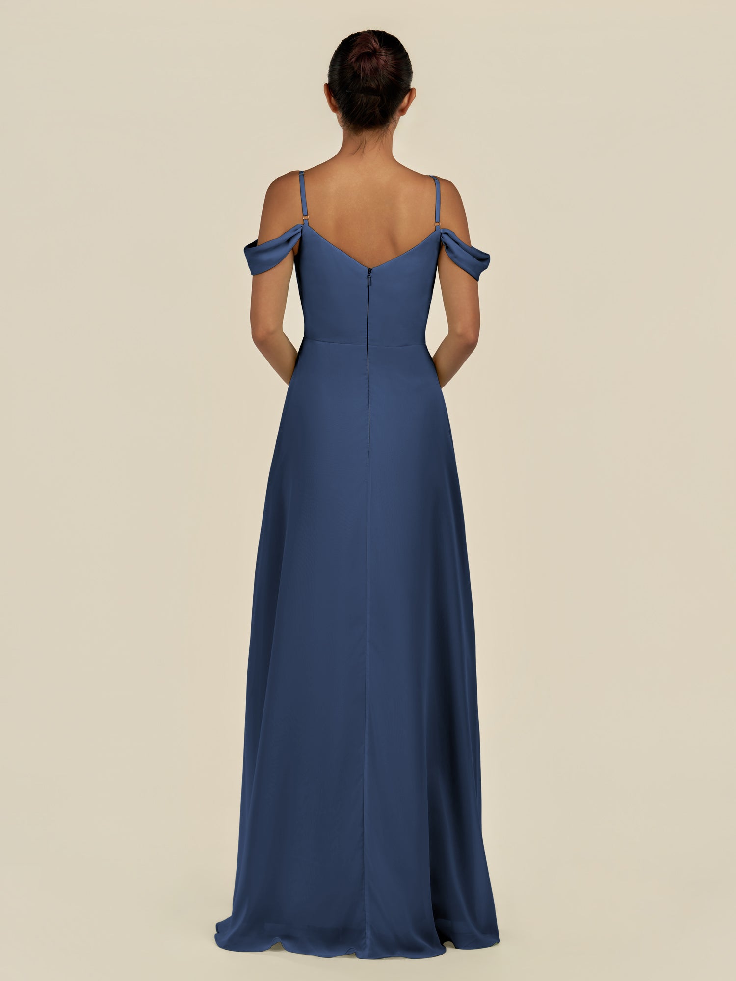 KissDress-Elvani Navy A Line Chiffon Off the Shoulder Long Bridesmaid Dress with Pleats