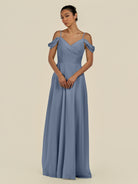 KissDress-Elvani Neptune A Line Chiffon Off the Shoulder Long Bridesmaid Dress with Pleats