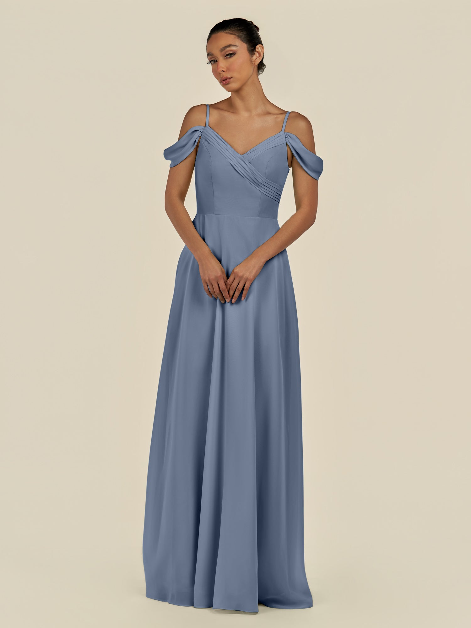 KissDress-Elvani Neptune A Line Chiffon Off the Shoulder Long Bridesmaid Dress with Pleats