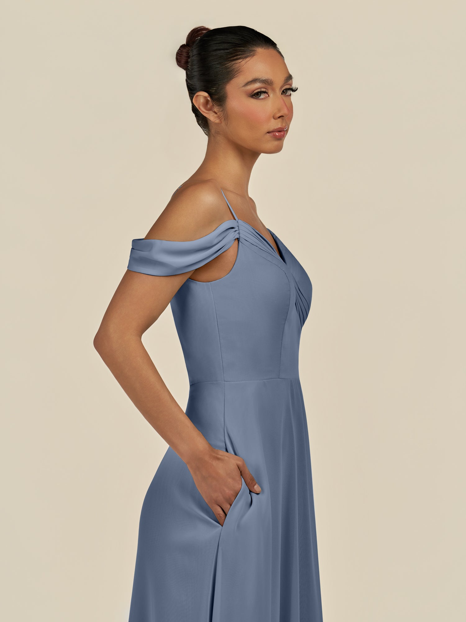 KissDress-Elvani Neptune A Line Chiffon Off the Shoulder Long Bridesmaid Dress with Pleats