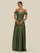 KissDress-Elvani Olive A Line Chiffon Off the Shoulder Long Bridesmaid Dress with Pleats