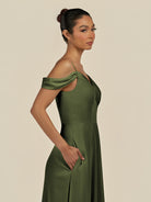 KissDress-Elvani Olive A Line Chiffon Off the Shoulder Long Bridesmaid Dress with Pleats