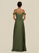 KissDress-Elvani Olive A Line Chiffon Off the Shoulder Long Bridesmaid Dress with Pleats