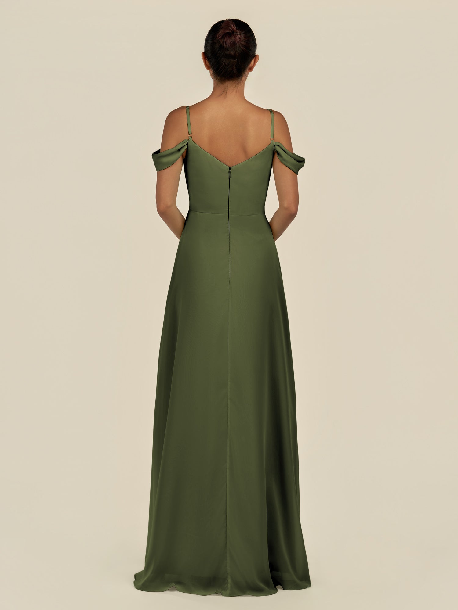 KissDress-Elvani Olive A Line Chiffon Off the Shoulder Long Bridesmaid Dress with Pleats
